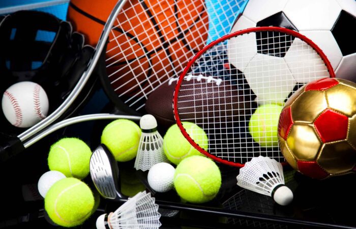 Sports equipment that include tennis balls, racquets, basketball and soccer ball.